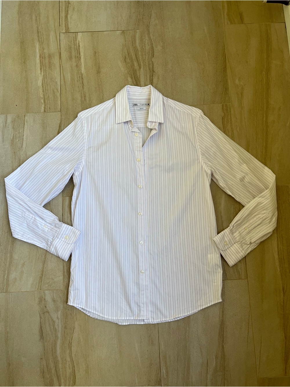Zara Men's White Shirt with Light Blue Pinstripes